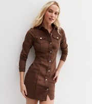 New Look Dark Brown Denim Bodycon Mini Shirt Dress